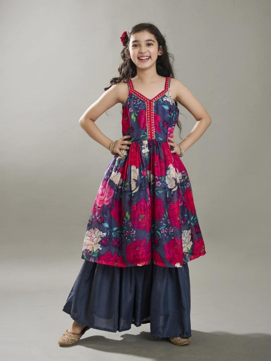 Bitiya by Bhama Girls Grey Floral Printed Empire Gotta Patti Kurta with Sharara & With Dupatta