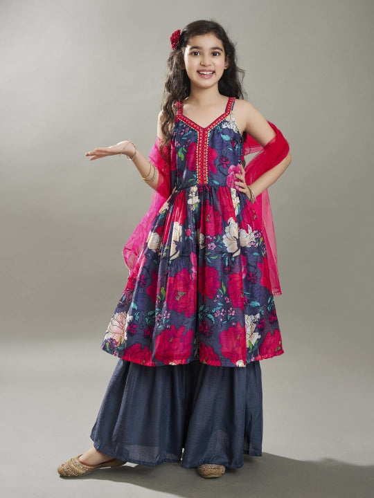 Bitiya by Bhama Girls Grey Floral Printed Empire Gotta Patti Kurta with Sharara & With Dupatta