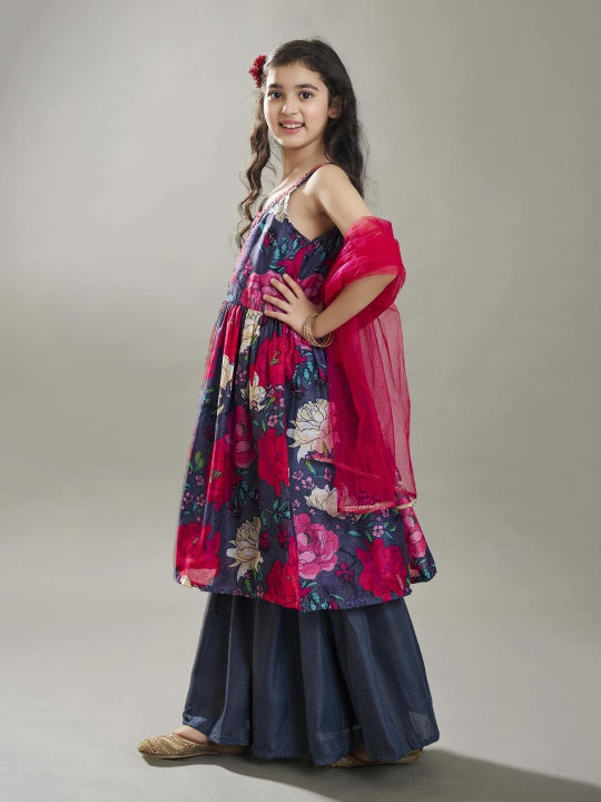 Bitiya by Bhama Girls Grey Floral Printed Empire Gotta Patti Kurta with Sharara & With Dupatta