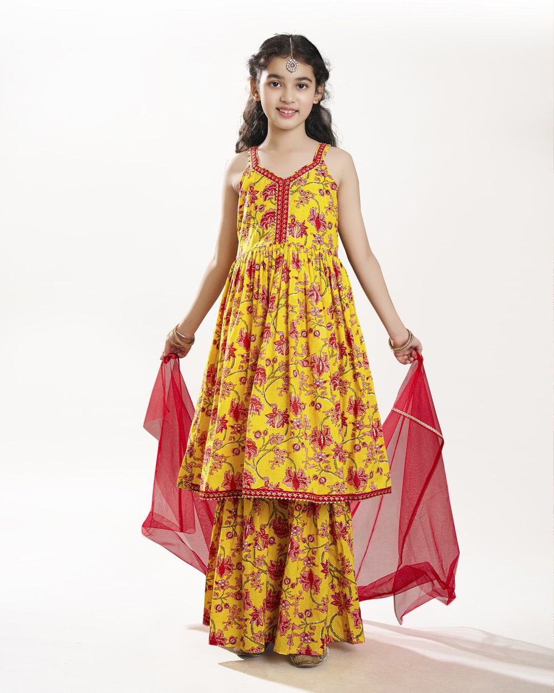 Bitiya by Bhama Girls Yellow Cotton Kurta with Sharara set with Dupatta