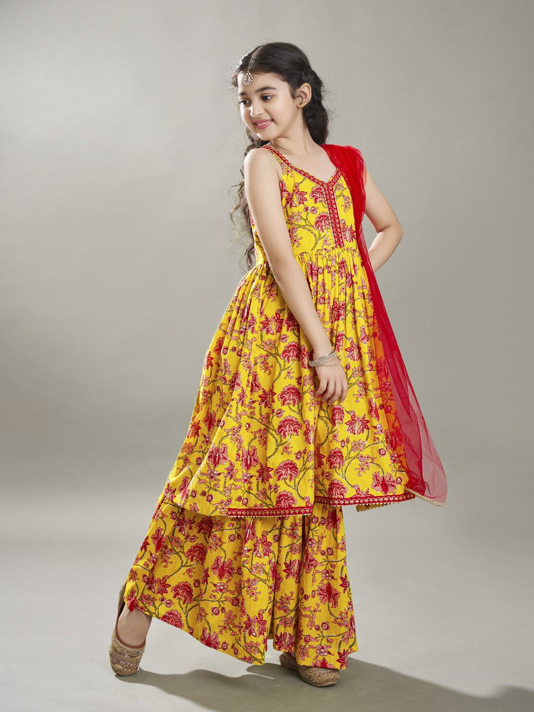 Bitiya by Bhama Girls Yellow Cotton Kurta with Sharara set with Dupatta