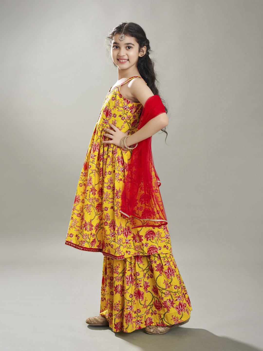Bitiya by Bhama Girls Yellow Cotton Kurta with Sharara set with Dupatta