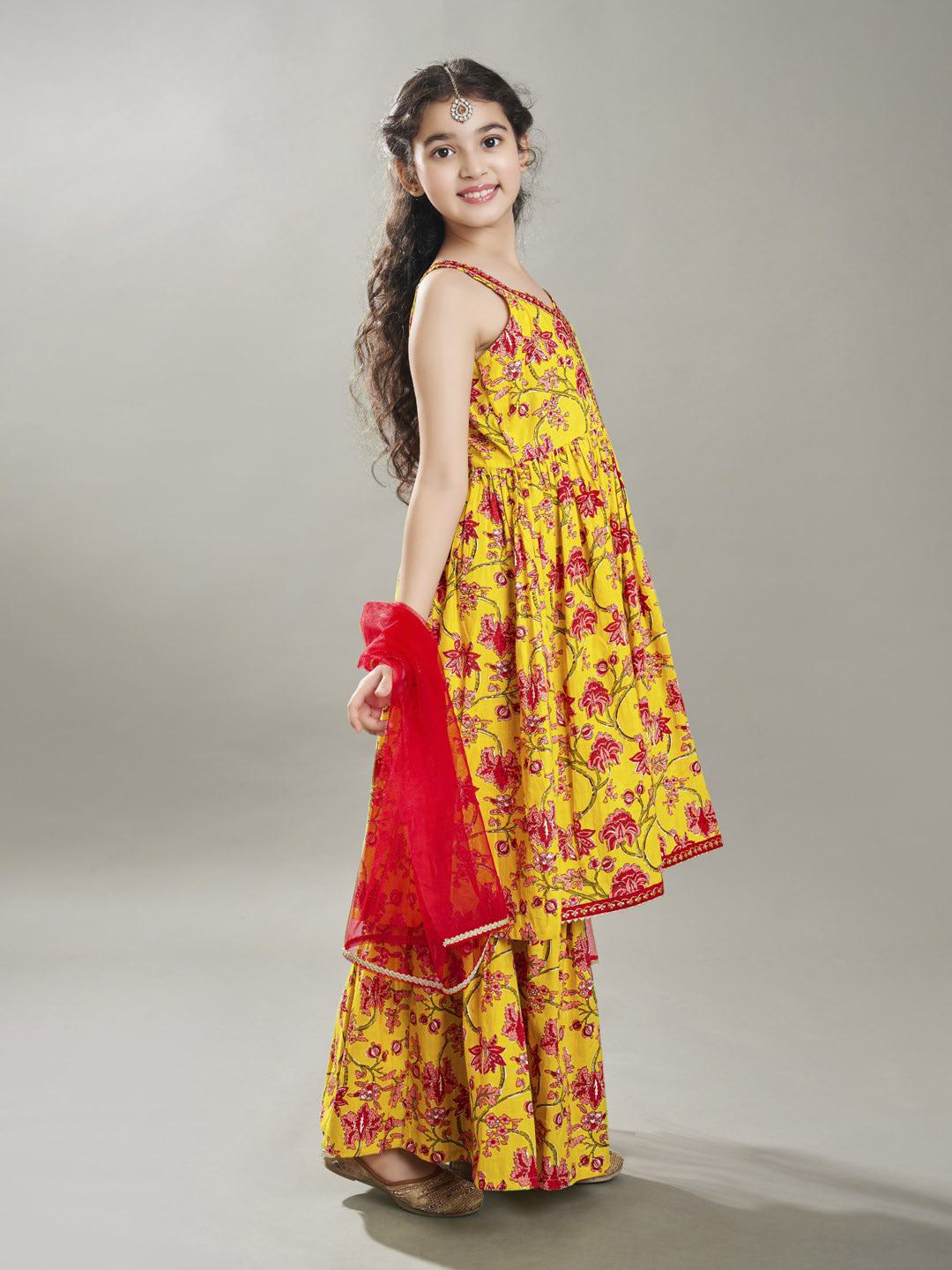 Bitiya by Bhama Girls Yellow Cotton Kurta with Sharara set with Dupatta