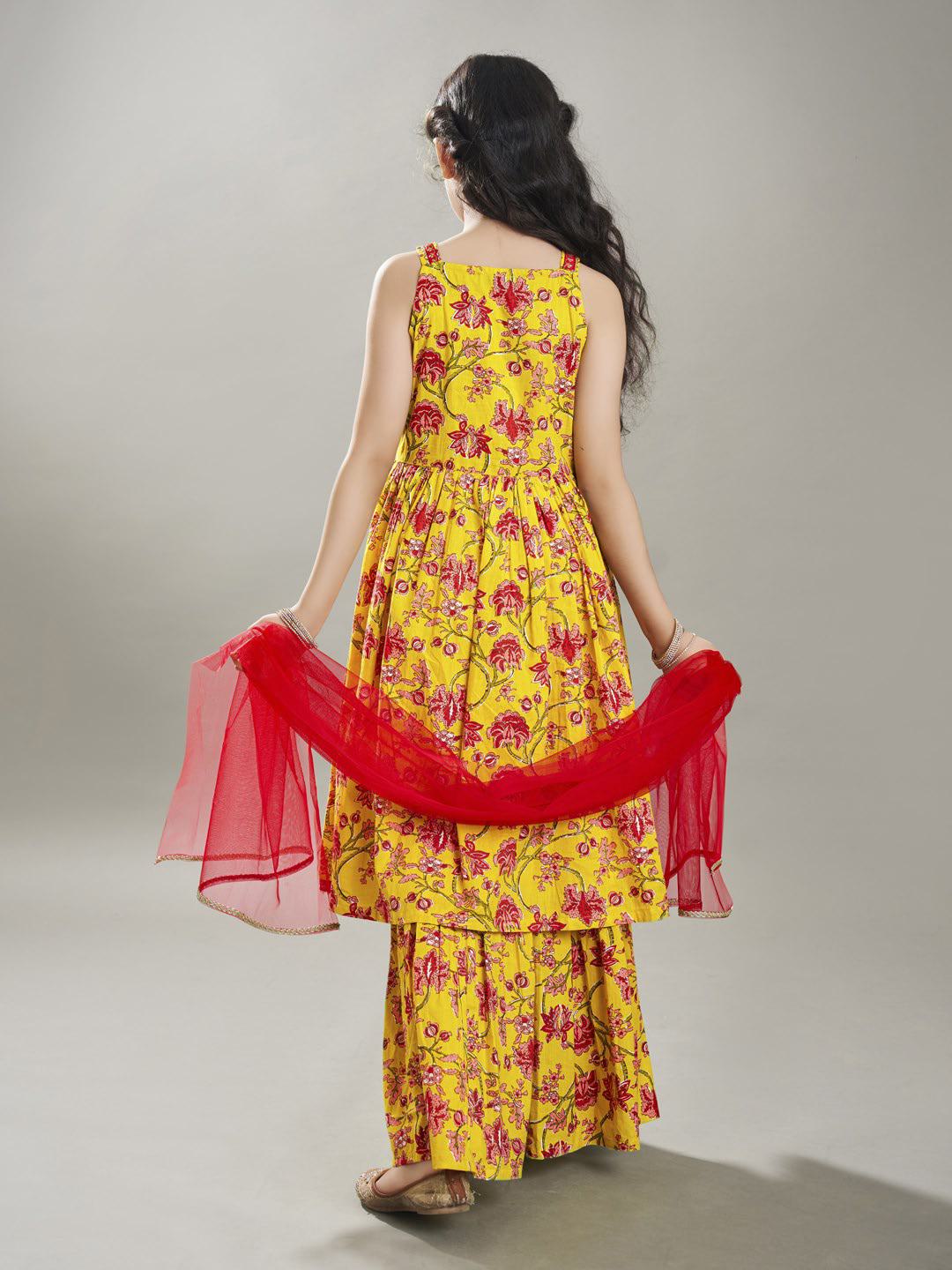 Bitiya by Bhama Girls Yellow Cotton Kurta with Sharara set with Dupatta