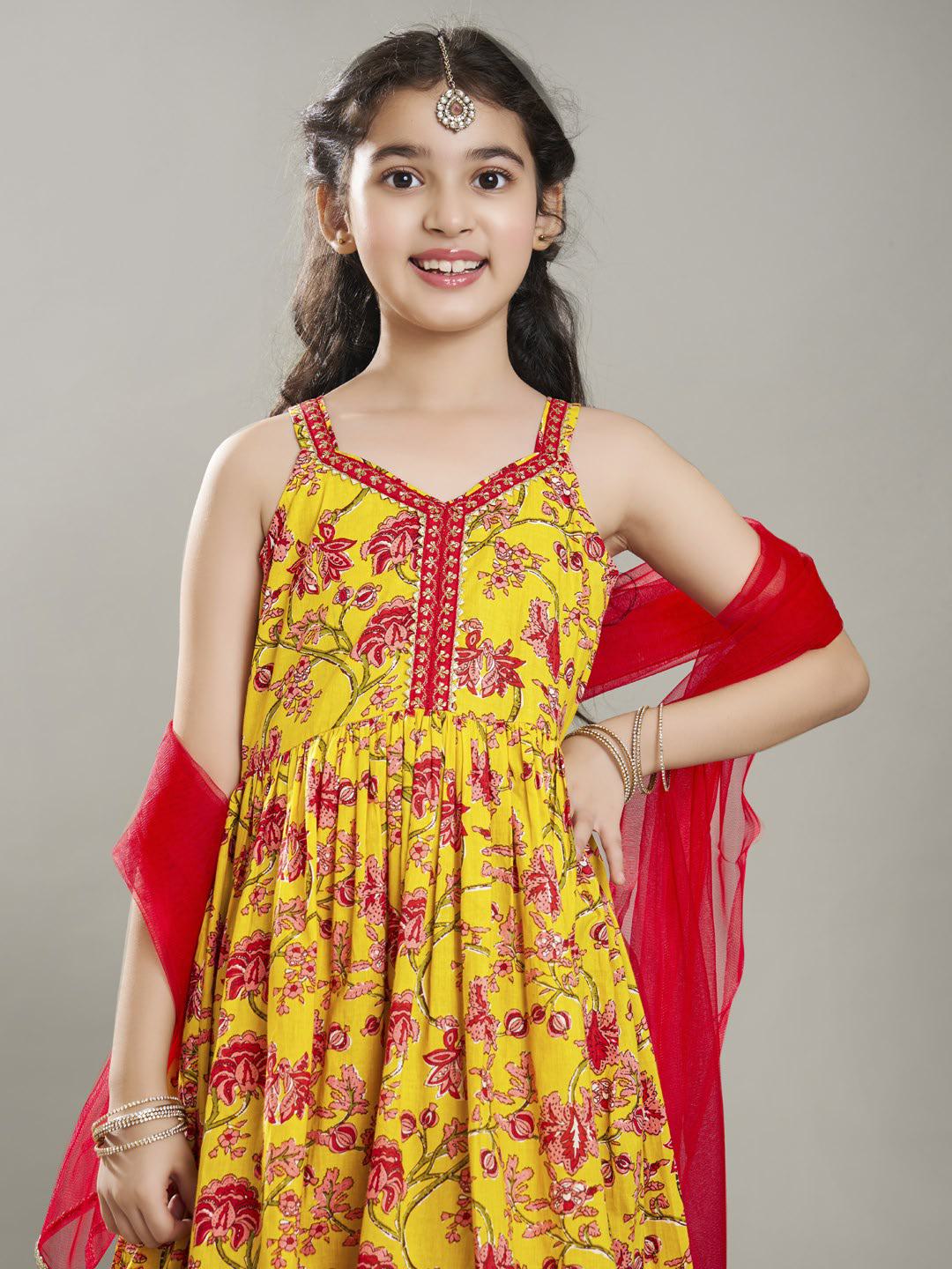Bitiya by Bhama Girls Yellow Cotton Kurta with Sharara set with Dupatta