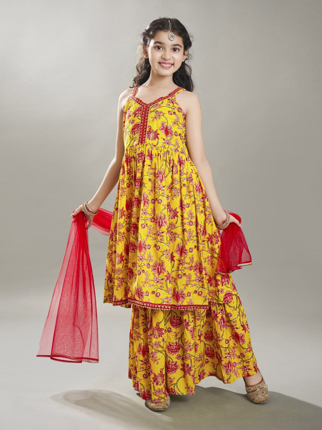 Bitiya by Bhama Girls Yellow Cotton Kurta with Sharara set with Dupatta