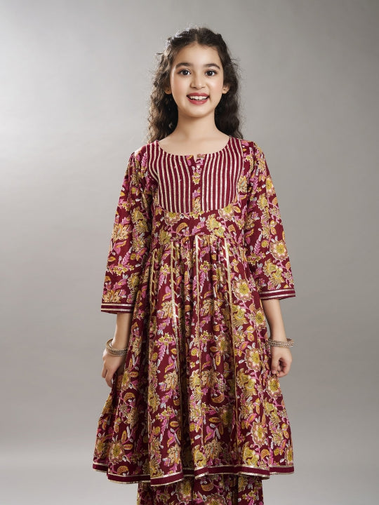 Bitiya by Bhama Girls Maroon & Green Floral Printed Kurta With Sharara