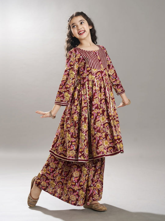 Bitiya by Bhama Girls Maroon & Green Floral Printed Kurta With Sharara
