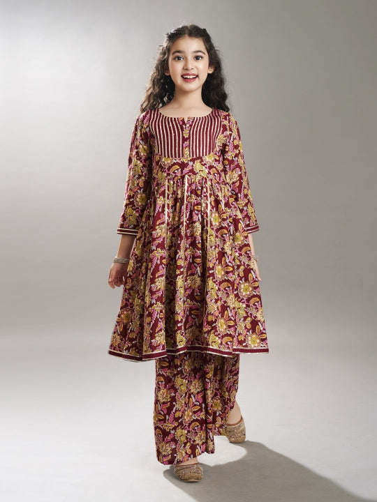 Bitiya by Bhama Girls Maroon & Green Floral Printed Kurta With Sharara