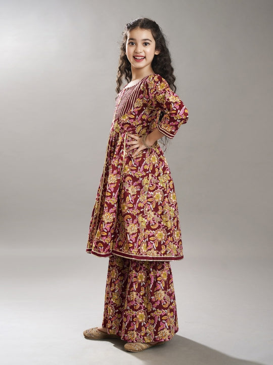 Bitiya by Bhama Girls Maroon & Green Floral Printed Kurta With Sharara