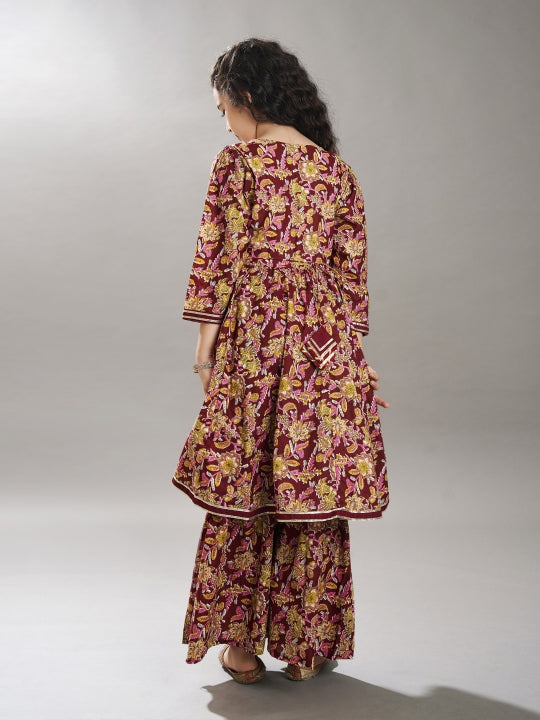 Bitiya by Bhama Girls Maroon & Green Floral Printed Kurta With Sharara