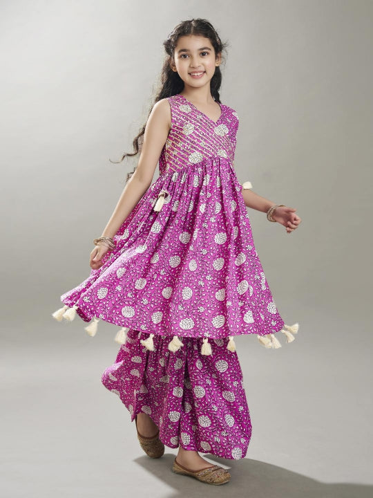 Bitiya by Bhama Girls purple Angrakha Gotta Patti Kurta with Sharara