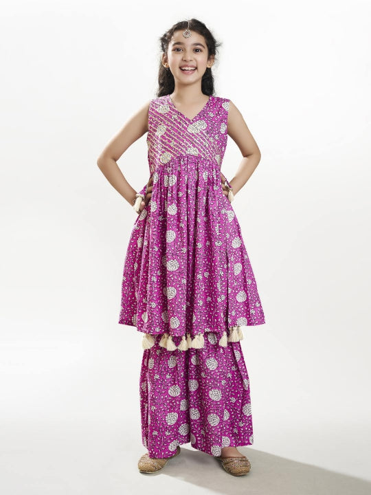 Bitiya by Bhama Girls purple Angrakha Gotta Patti Kurta with Sharara