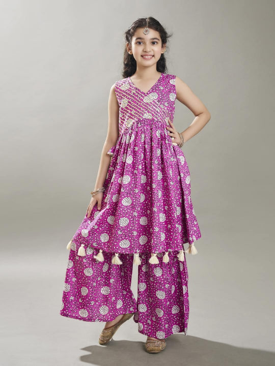 Bitiya by Bhama Girls purple Angrakha Gotta Patti Kurta with Sharara