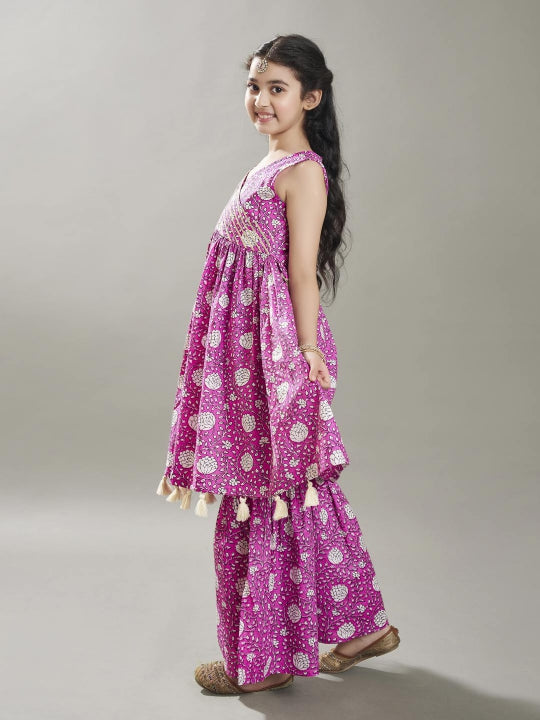 Bitiya by Bhama Girls purple Angrakha Gotta Patti Kurta with Sharara