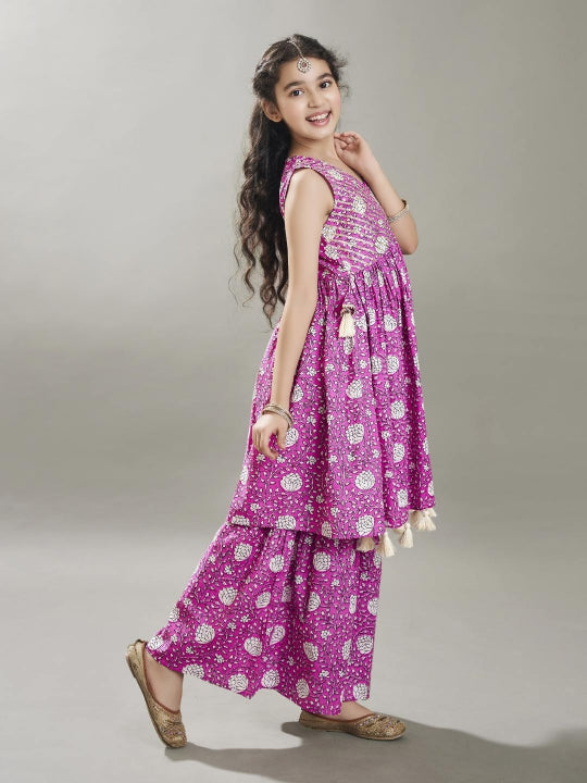 Bitiya by Bhama Girls purple Angrakha Gotta Patti Kurta with Sharara