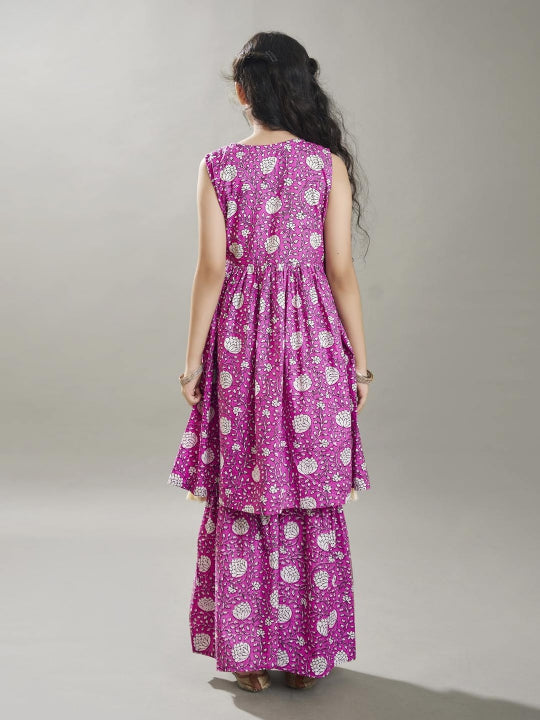 Bitiya by Bhama Girls purple Angrakha Gotta Patti Kurta with Sharara