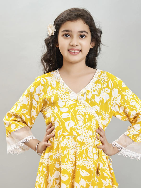 Bitiya by Bhama Girls yellow Angrakha Kurta with Trousers