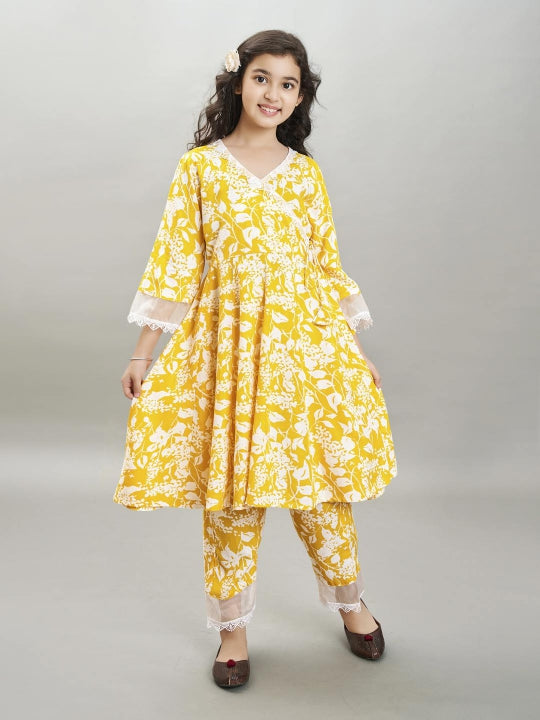 Bitiya by Bhama Girls yellow Angrakha Kurta with Trousers