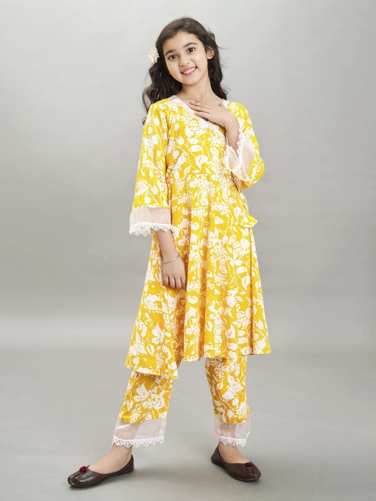 Bitiya by Bhama Girls yellow Angrakha Kurta with Trousers