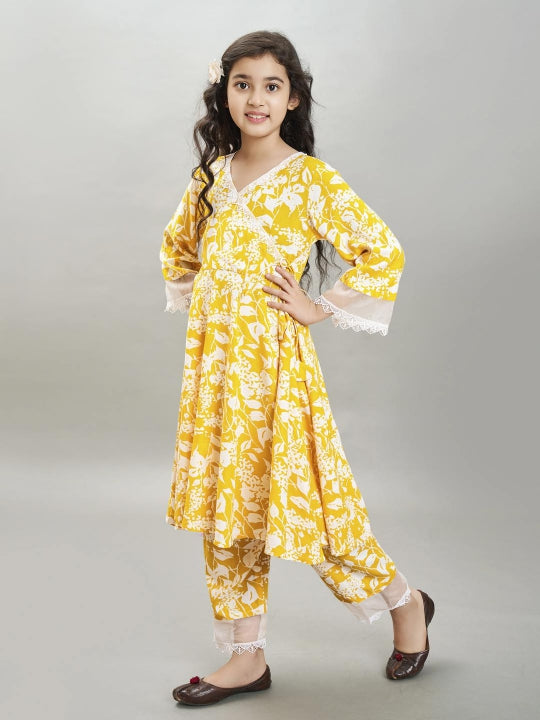 Bitiya by Bhama Girls yellow Angrakha Kurta with Trousers
