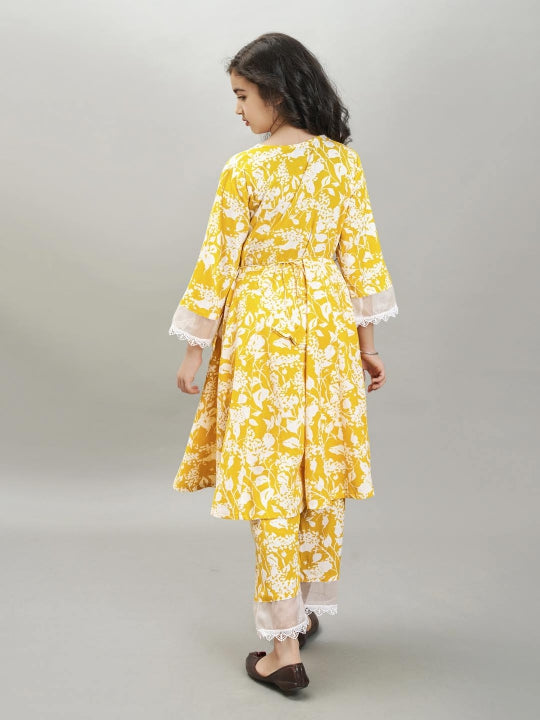 Bitiya by Bhama Girls yellow Angrakha Kurta with Trousers