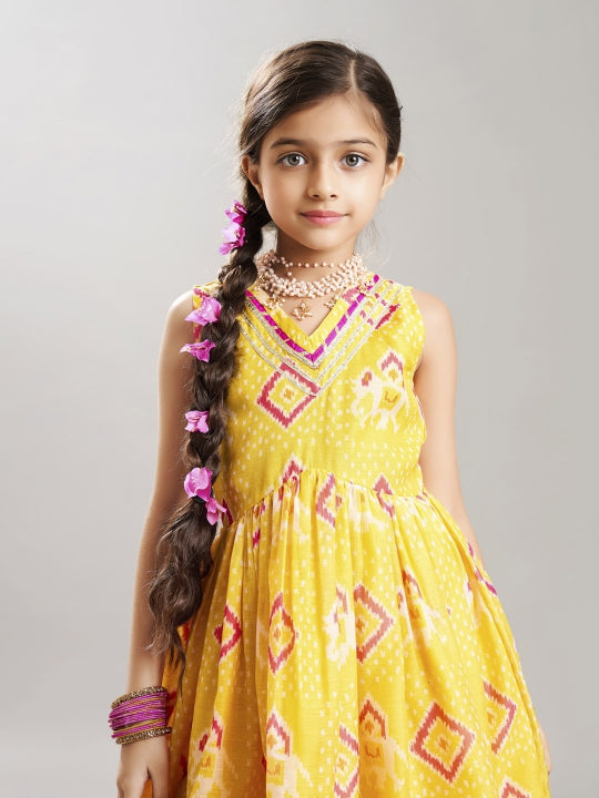 Bitiya by Bhama Girls Yellow Ethnic motifs  Printed Kurta with Sharara
