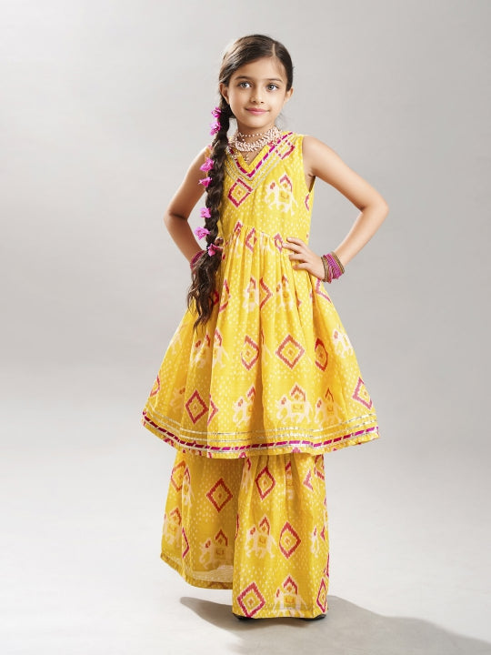 Bitiya by Bhama Girls Yellow Ethnic motifs  Printed Kurta with Sharara
