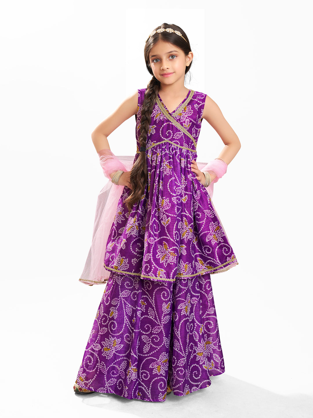 Bitiya by Bhama Girls purple Angrakha Gotta Patti Kurta with Sharara With Dupatta