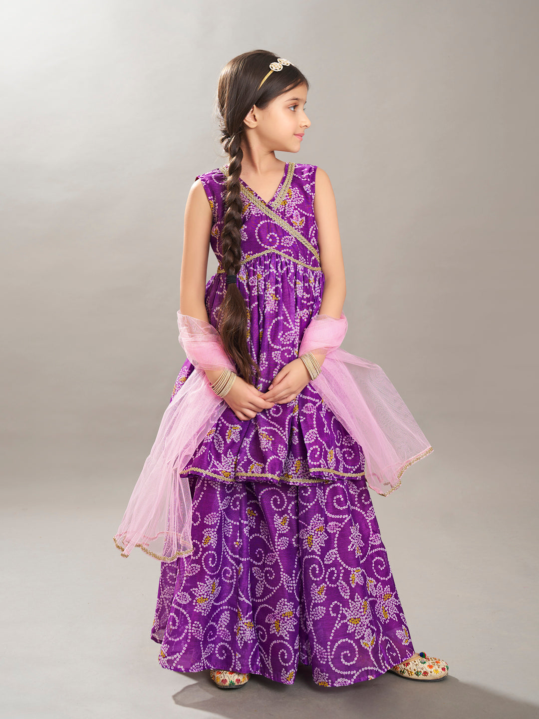 Bitiya by Bhama Girls purple Angrakha Gotta Patti Kurta with Sharara With Dupatta