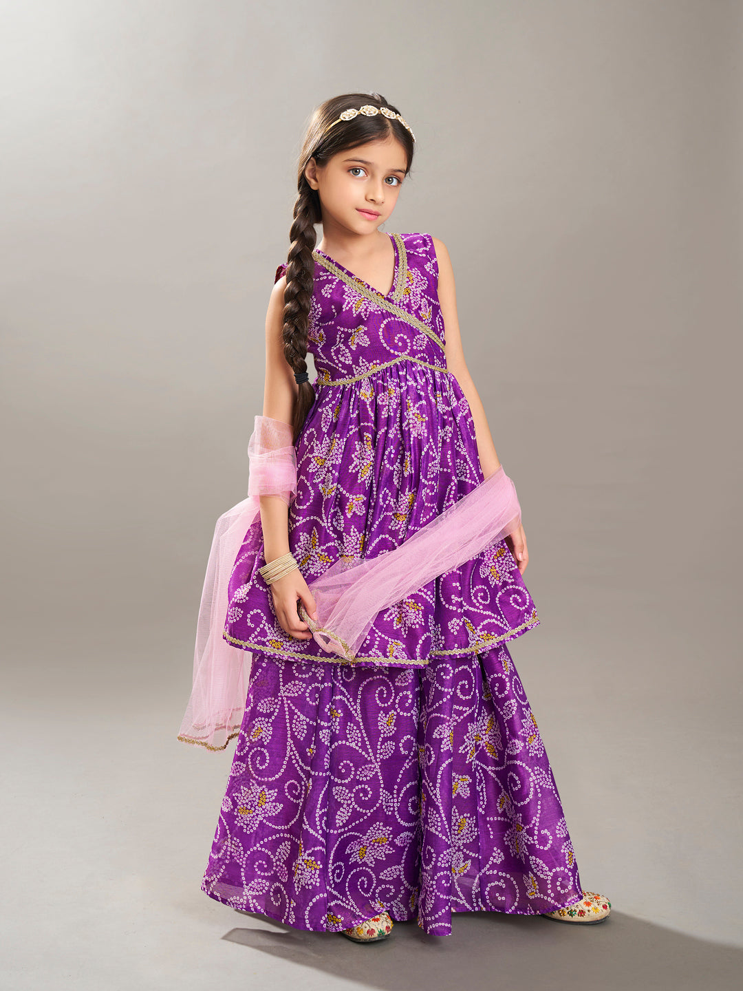 Bitiya by Bhama Girls purple Angrakha Gotta Patti Kurta with Sharara With Dupatta