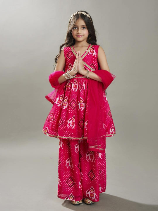 Bitiya by Bhama Girls Pink Angrakha Kurta with Sharara  Dupatta