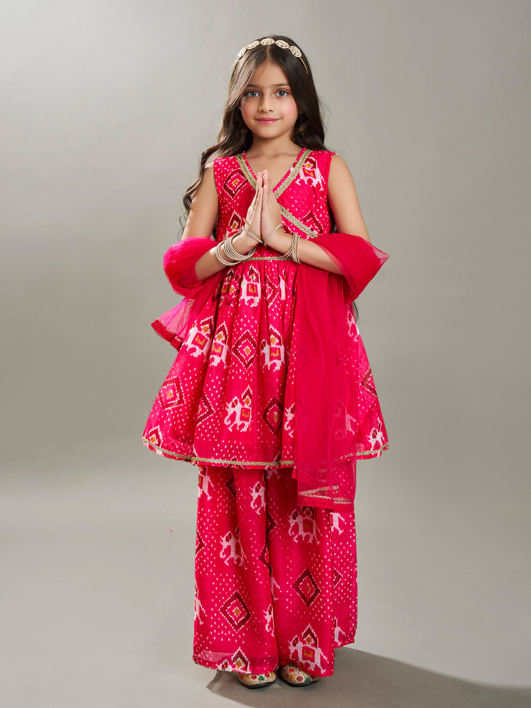 Bitiya By Bhama Girls Pink Kurta With Matching Plazzo And Pink Dupatta.