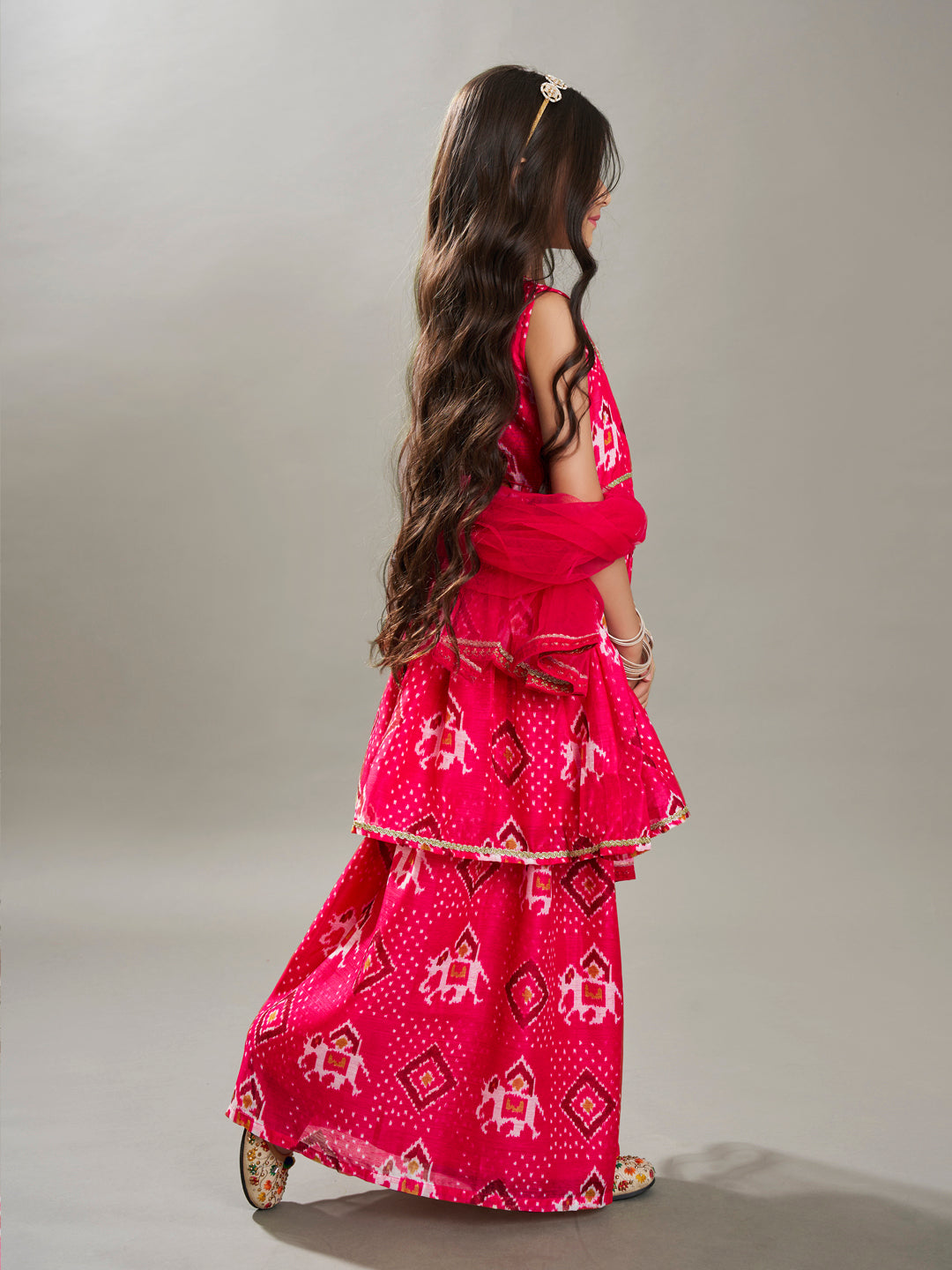 Bitiya By Bhama Girls Pink Kurta With Matching Plazzo And Pink Dupatta.