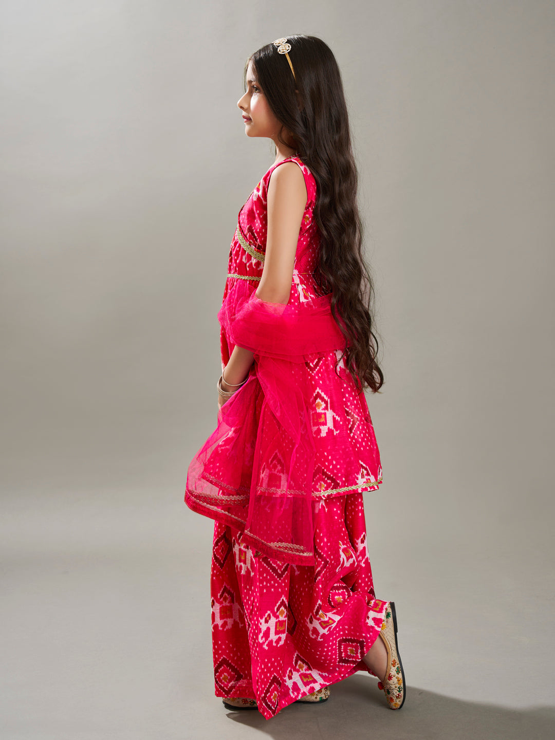 Bitiya By Bhama Girls Pink Kurta With Matching Plazzo And Pink Dupatta.