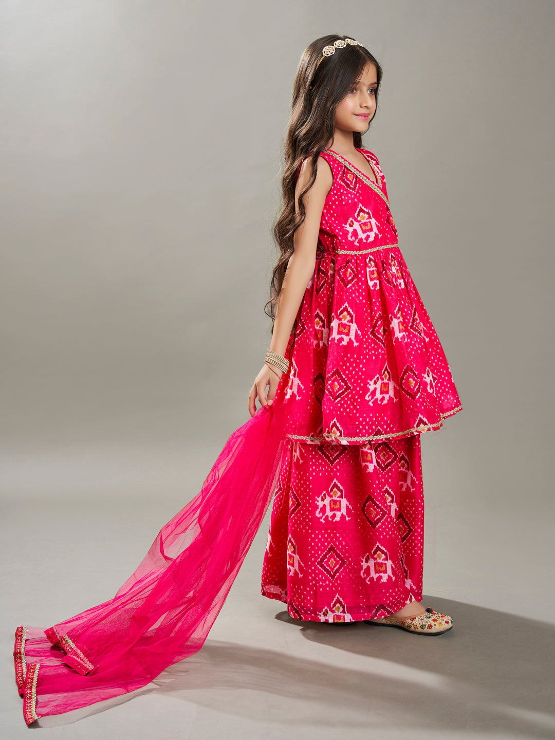 Bitiya By Bhama Girls Pink Kurta With Matching Plazzo And Pink Dupatta.