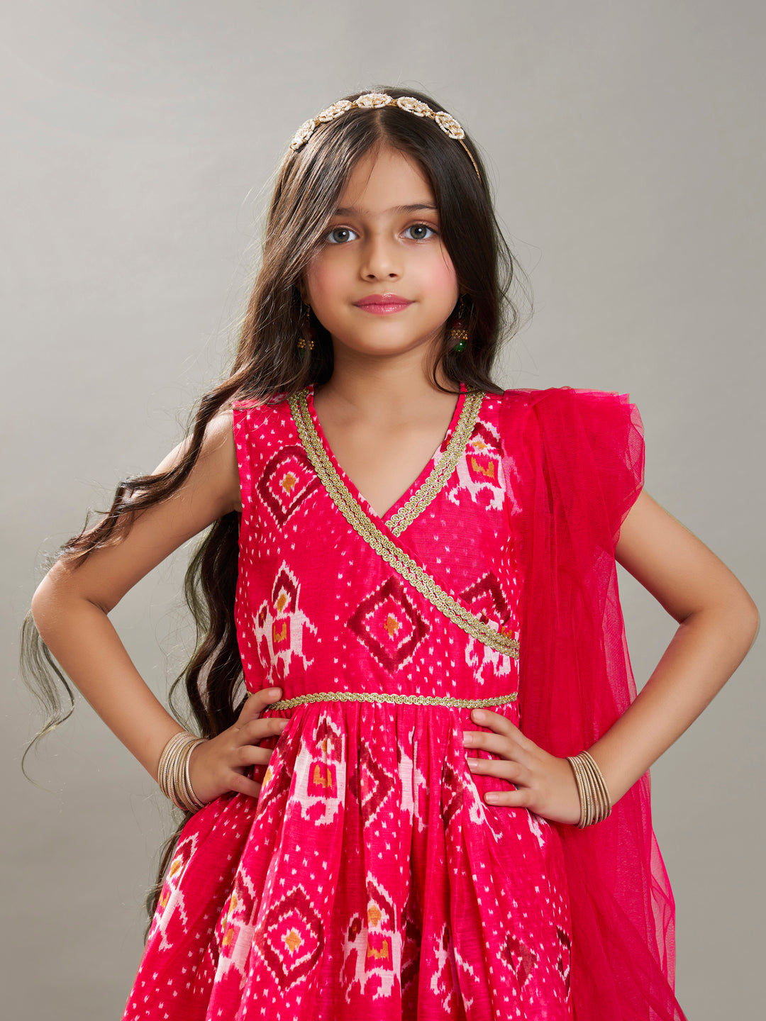 Bitiya By Bhama Girls Pink Kurta With Matching Plazzo And Pink Dupatta.