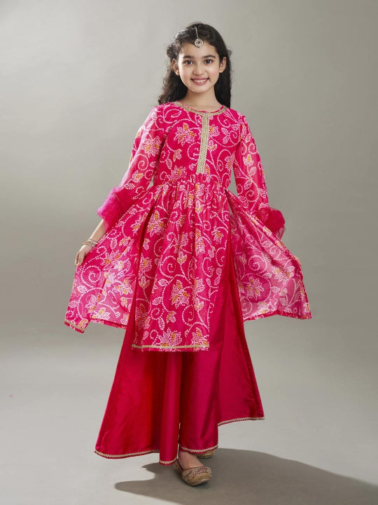 Bitiya by Bhama Girls pink Ethnic motifs Printed Kurta with Palazzos with dupatta