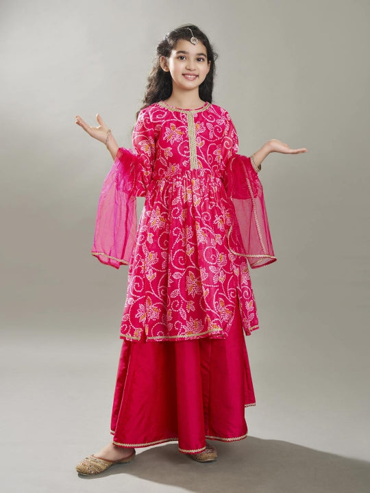 Bitiya by Bhama Girls pink Ethnic motifs Printed Kurta with Palazzos with dupatta