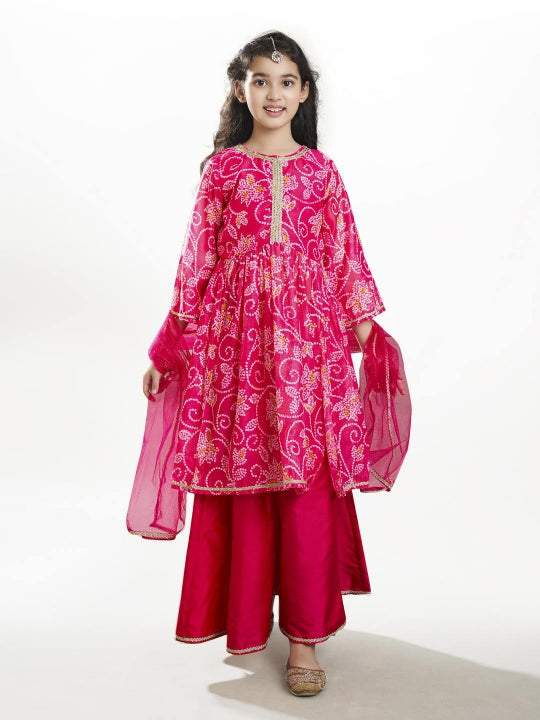 Bitiya by Bhama Girls pink Ethnic motifs Printed Kurta with Palazzos with dupatta