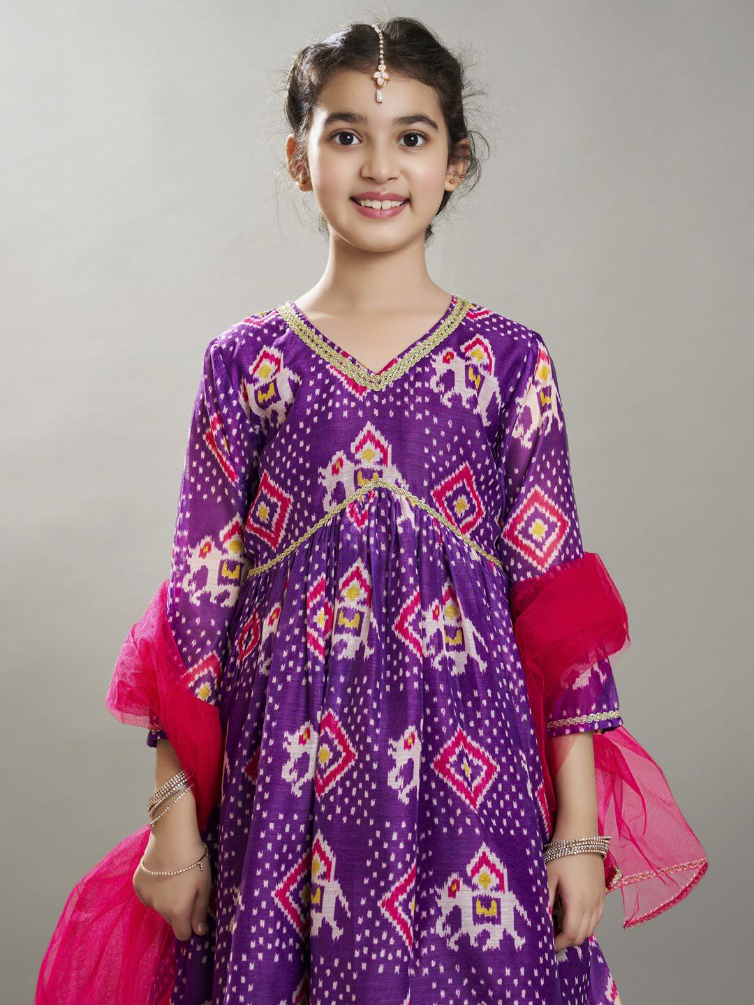 Bitiya by Bhama Girls  Purple Ethnic motifs print design Kurta With Palazzos, Dupatta set
