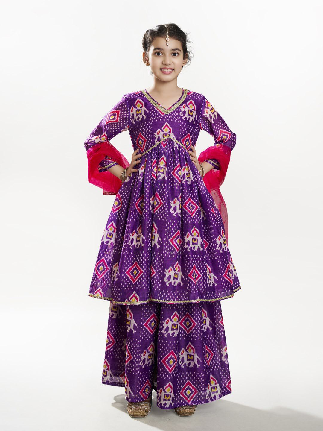 Bitiya by Bhama Girls  Purple Ethnic motifs print design Kurta With Palazzos, Dupatta set