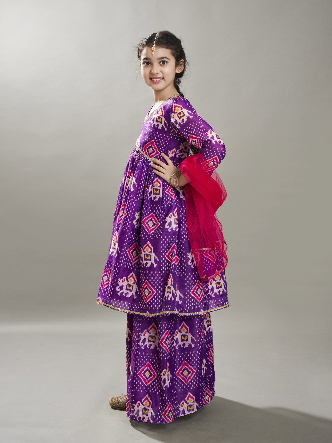 Bitiya by Bhama Girls  Purple Ethnic motifs print design Kurta With Palazzos, Dupatta set