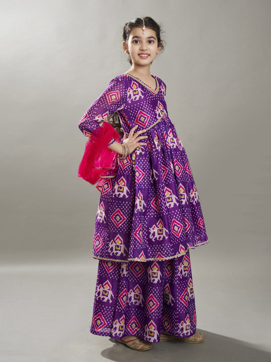 Bitiya by Bhama Girls  Purple Ethnic motifs print design Kurta With Palazzos, Dupatta set