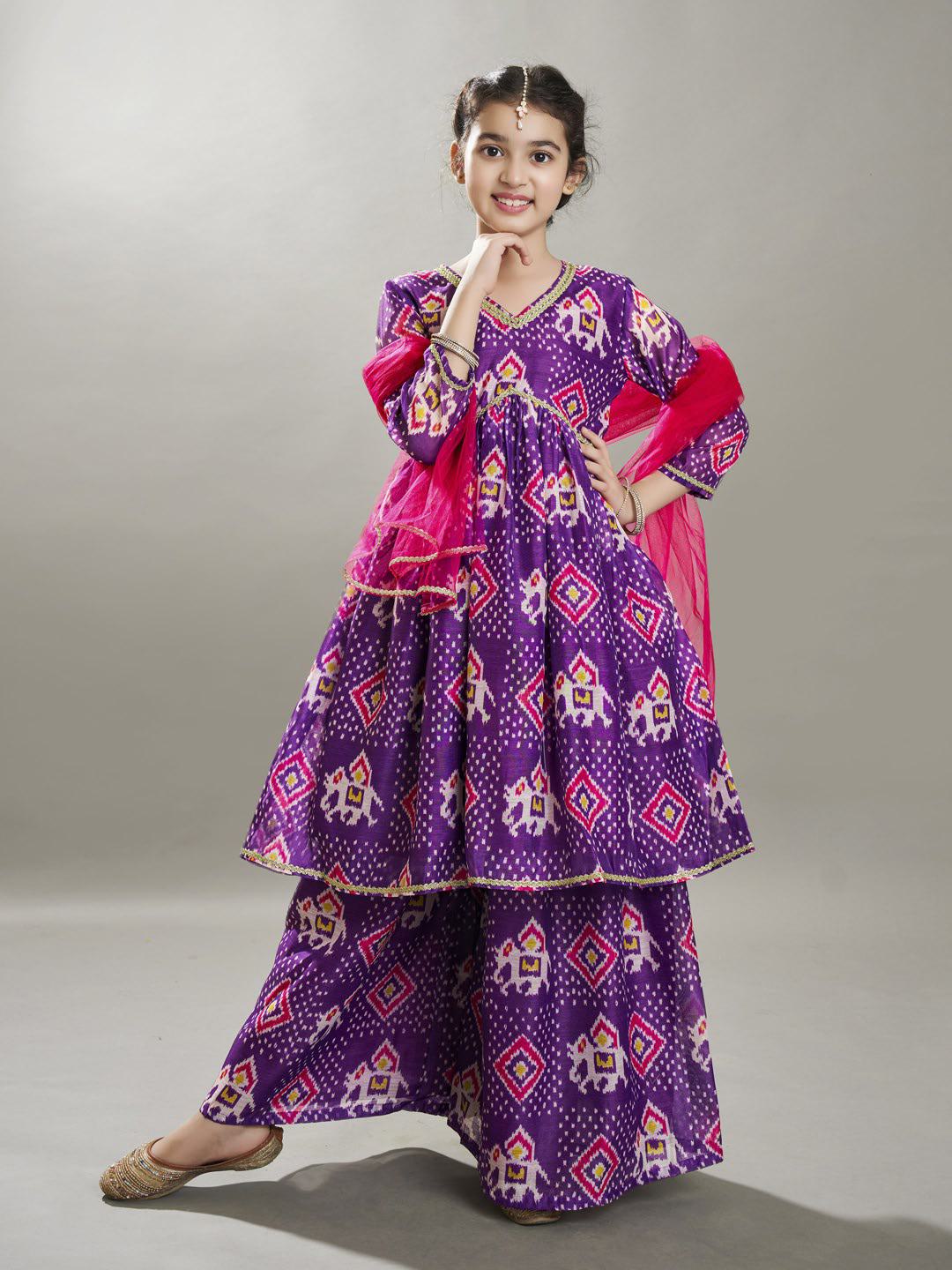 Bitiya by Bhama Girls  Purple Ethnic motifs print design Kurta With Palazzos, Dupatta set