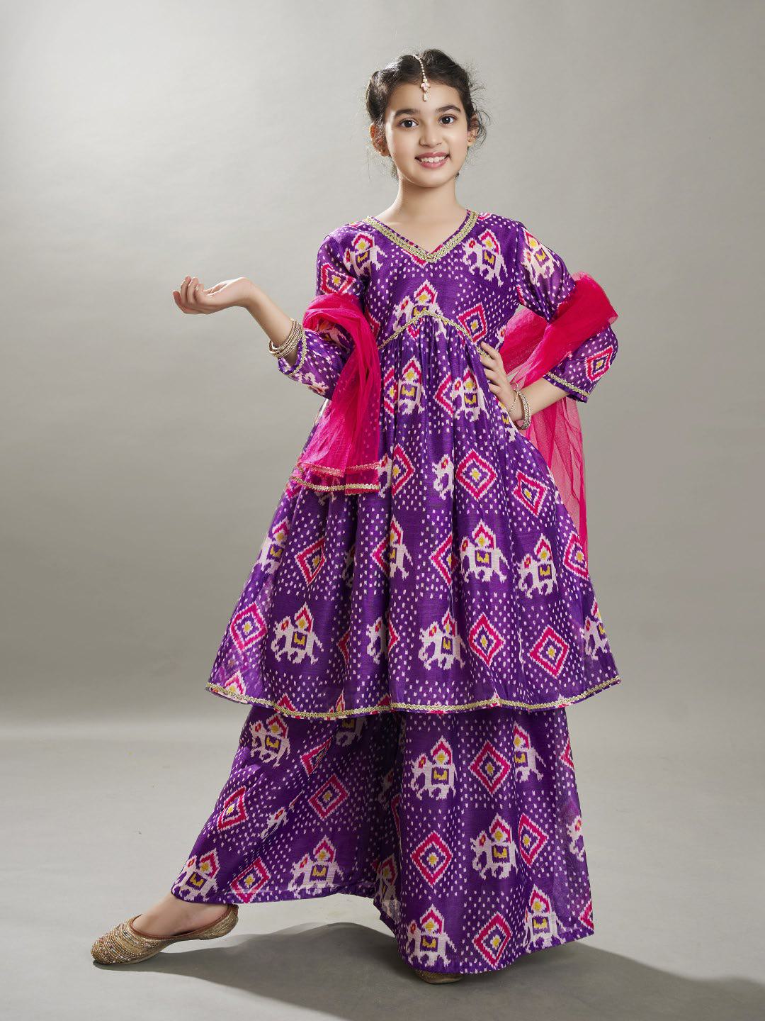 Bitiya by Bhama Girls  Purple Ethnic motifs print design Kurta With Palazzos, Dupatta set