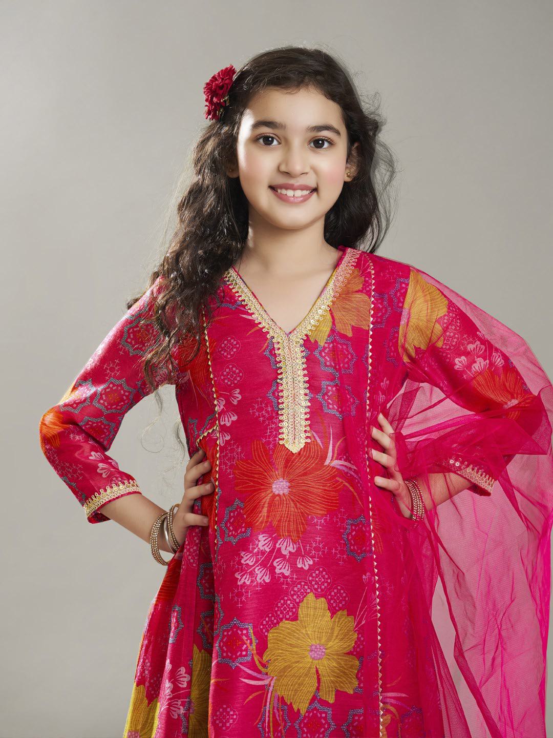 Bitiya by Bhama Girls Pink Floral Printed Kurta with Trousers & Dupatta