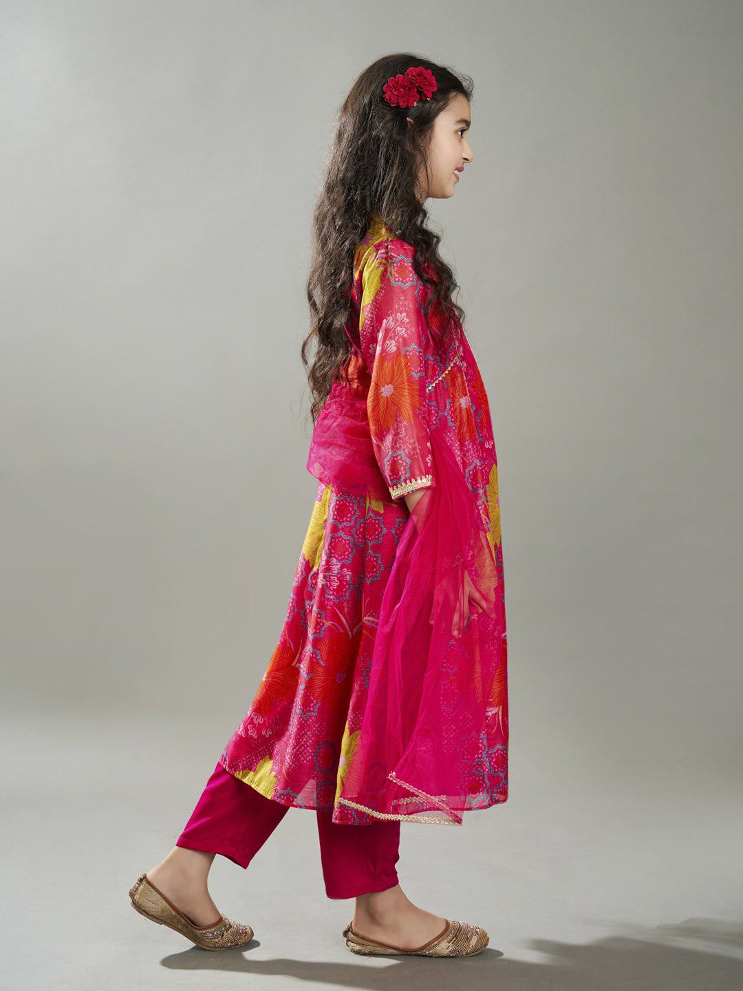 Bitiya by Bhama Girls Pink Floral Printed Kurta with Trousers & Dupatta