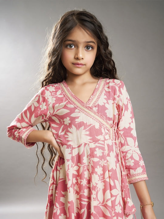 Bitiya by Bhama Girls Pink Angrakha Kurta with Trousers