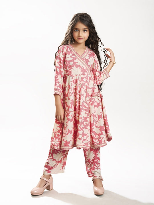 Bitiya by Bhama Girls Pink Angrakha Kurta with Trousers